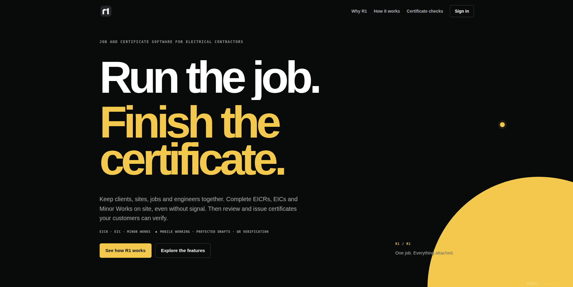 Screenshot of the R1 electrical contractor platform homepage